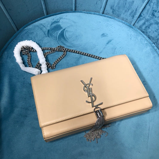YSSL Kate Medium Chain Bag With Tassel In Grain De Poudre Beige For Women 9.4in/24cm YSL 