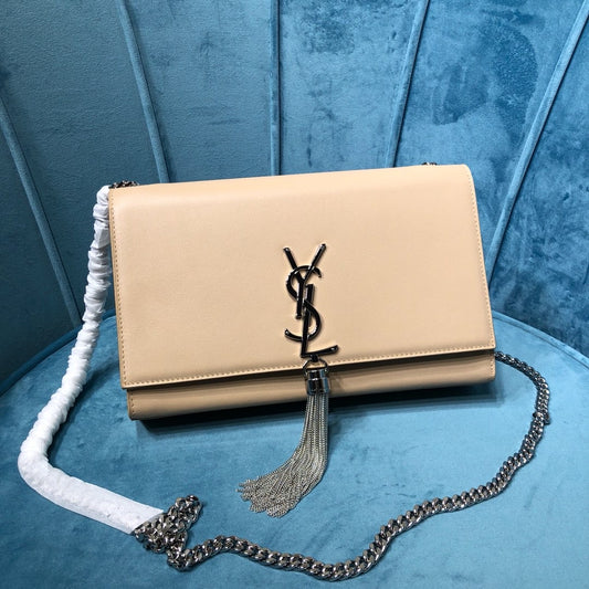 YSSL Kate Medium Chain Bag With Tassel In Grain De Poudre Beige For Women 9.4in/24cm YSL 