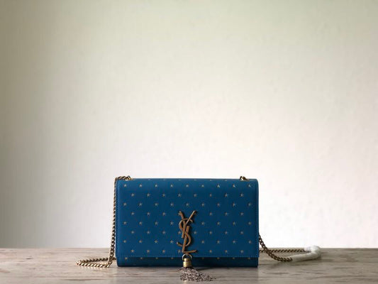 YSSL Kate Medium Chain Bag With Star Pattern Blue For Women 9.4in/24cm YSL