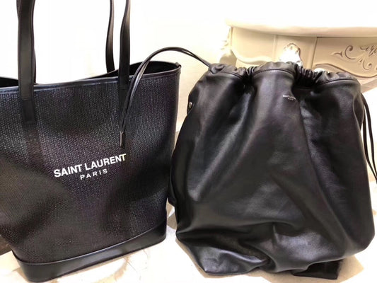YSSL Teddy Medium Canvas Handle Bucket Tote Bag Black For Women 13in/33cm YSL 551595 96W1E 1000