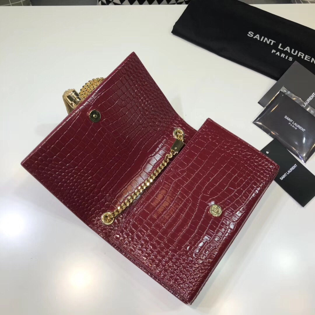 YSSL Kate Small Chain Bag With Tassel In Embossed Burgundy For Women 7.8in/20cm YSL 