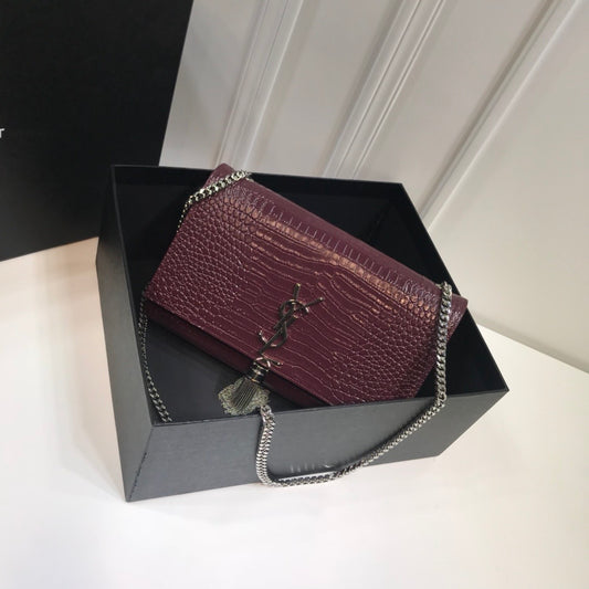 YSSL Kate Medium Chain Bag With Tassel In Embossed Crocodile Dark Violet For Women 9.4in/24cm YSL