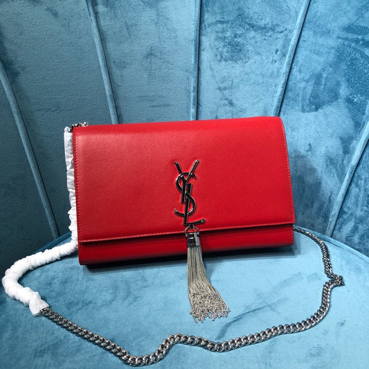 YSSL Kate Medium Chain Bag With Tassel In Grain De Poudre Red For Women 9.4in/24cm YSL
