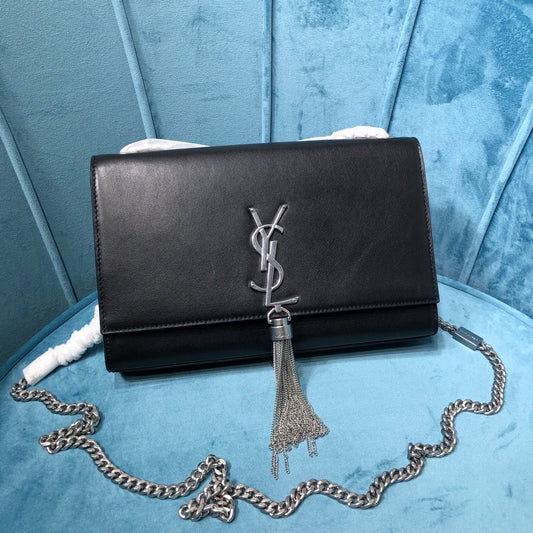 YSSL Kate Medium Chain Bag With Tassel In Grain De Poudre Black For Women 9.4in/24cm YSL 354119BOW0N1000