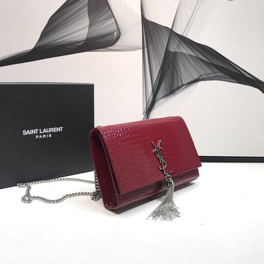YSSL Kate Medium Chain Bag With Tassel In Shiny-Embossed Burgundy For Women 9.4in/24cm 