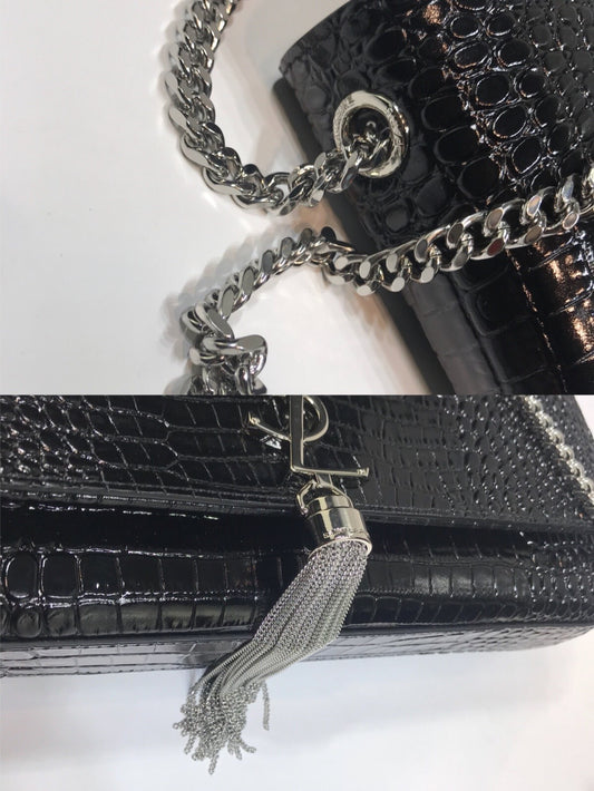 YSSL Kate Medium Chain Bag With Tassel In Embossed Crocodile Black For Women 9.4in/24cm YSL 354119DND0N1000