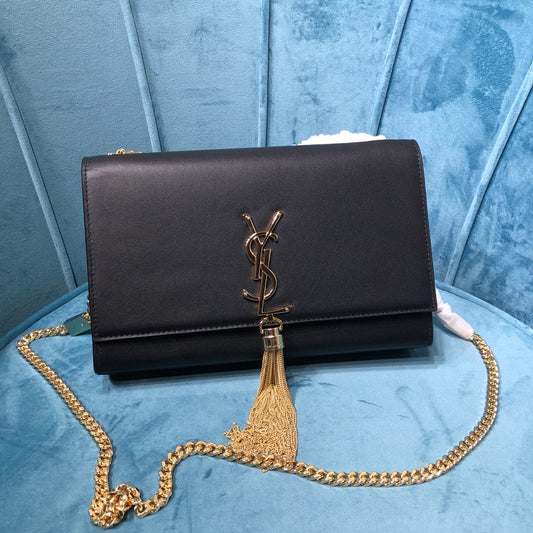 YSSL Kate Medium Chain Bag With Tassel In Grain De Poudre Black For Women 9.4in/24cm YSL 354119BOW0J1000
