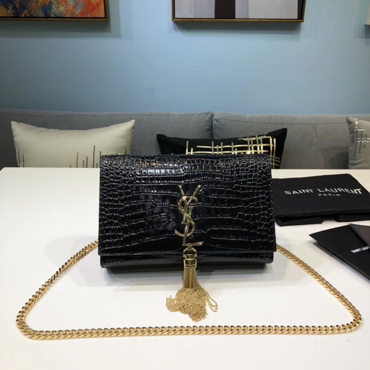 YSSL Kate Small Chain Bag With Tassel In Embossed Black For Women 7.8in/20cm YSL 474366DND0J1000