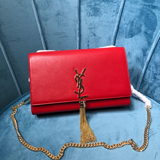 YSSL Kate Medium Chain Bag With Tassel In Grain De Poudre Red For Women 9.4in/24cm YSL