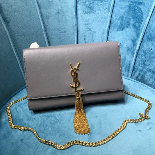 YSSL Kate Medium Chain Bag With Tassel In Grain De Poudre Grey For Women 9.4in/24cm YSL