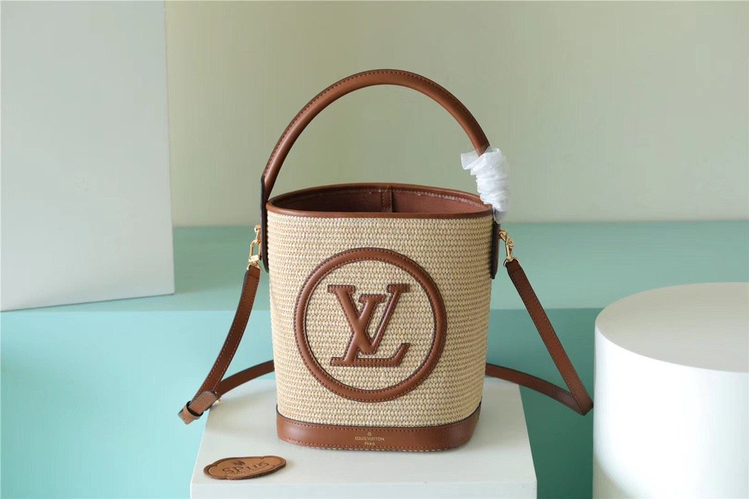 LV Petit Bucket Raffia Caramel Brown For Women, Women’s Bags, Shoulder And Crossbody Bags 9.4in/24cm LV M59961
